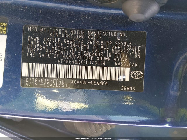 Продаж на аукціоні авто 2007 Toyota Camry Le, vin: 4T1BE46KX7U173114, номер лоту: 45869964