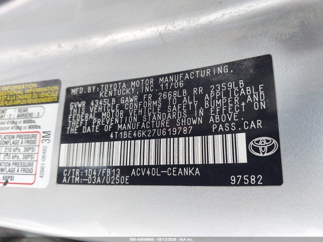 Продажа на аукционе авто 2007 Toyota Camry Le, vin: 4T1BE46K27U619787, номер лота: 45869965