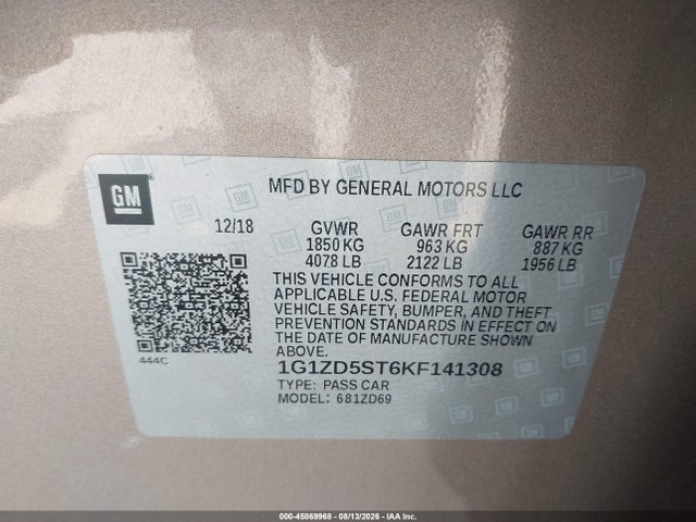 Auction sale of the 2019 Chevrolet Malibu Lt, vin: 1G1ZD5ST6KF141308, lot number: 45869968
