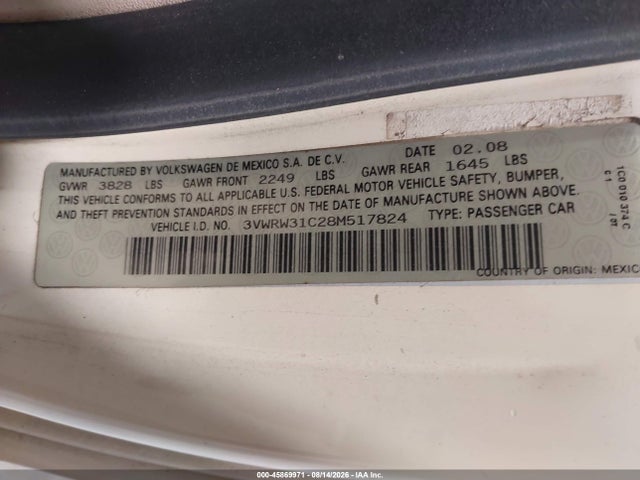 Aukcja sprzedaży 2008 Volkswagen New Beetle S/se, vin: 3VWRW31C28M517824, numer aukcji: 45869971