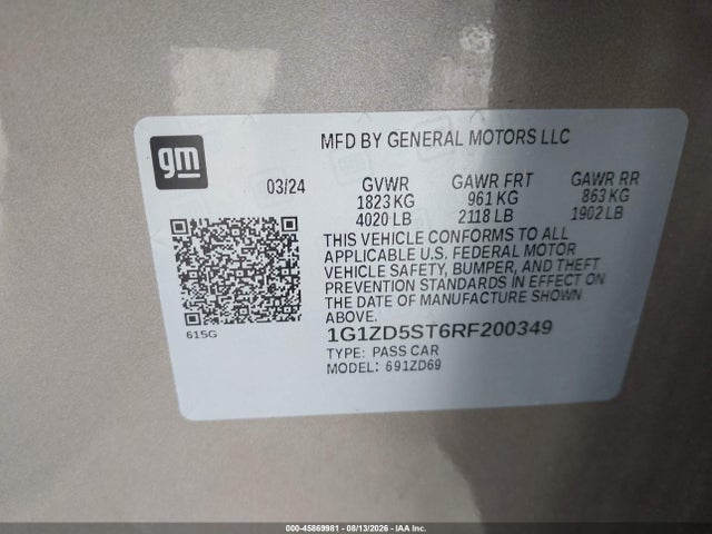 Aukcja sprzedaży 2024 Chevrolet Malibu Fwd 1lt, vin: 1G1ZD5ST6RF200349, numer aukcji: 45869981