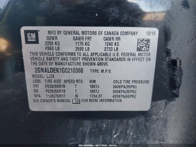 Aukcja sprzedaży 2016 Chevrolet Equinox Ltz, vin: 2GNALDEK1G6210368, numer aukcji: 45869984