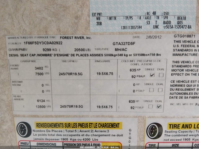 Aukcja sprzedaży 2012 Ford F53, vin: 1F66F5DY3C0A02922, numer aukcji: 45869988