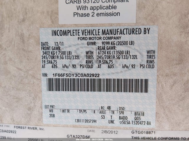 Aukcja sprzedaży 2012 Ford F53, vin: 1F66F5DY3C0A02922, numer aukcji: 45869988