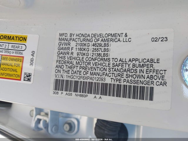 45869992 :رقم المزاد ، 1HGCY2F6XPA012093 vin ، 2023 Honda Accord Hybrid Ex-l مزاد بيع