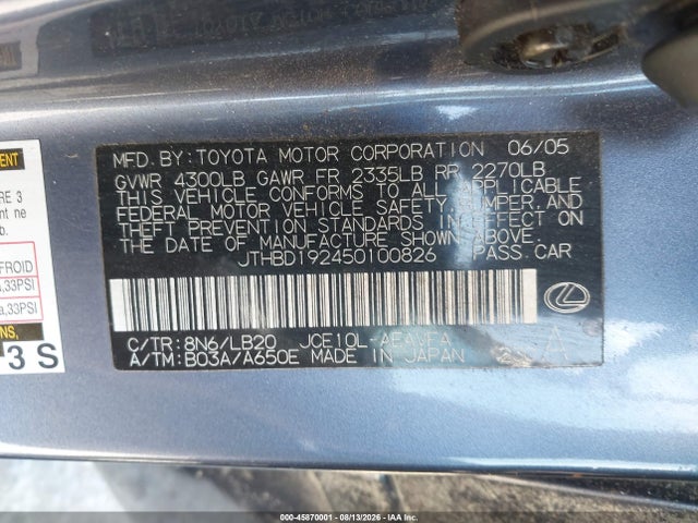 2005 Lexus Is 300 მანქანა იყიდება აუქციონზე, vin: JTHBD192450100826, აუქციონის ნომერი: 45870001