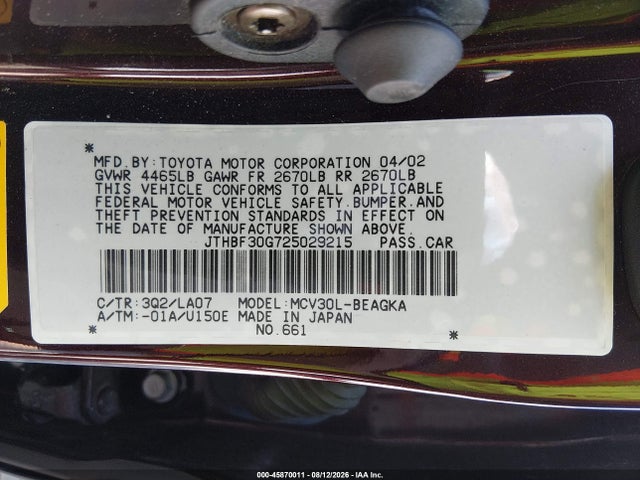 Aukcja sprzedaży 2002 Lexus Es 300, vin: JTHBF30G725029215, numer aukcji: 45870011
