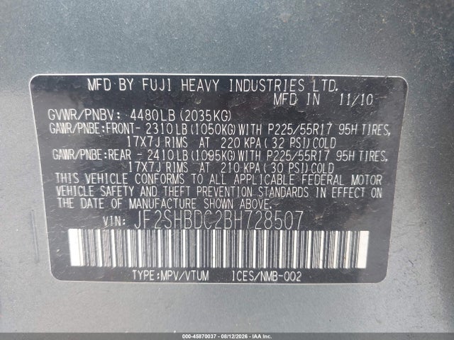 Продаж на аукціоні авто 2011 Subaru Forester 2.5x Premium, vin: JF2SHBDC2BH728507, номер лоту: 45870037
