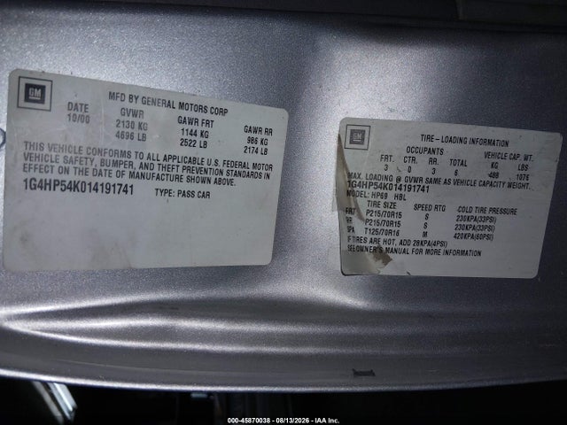 Aukcja sprzedaży 2001 Buick Lesabre Custom, vin: 1G4HP54K014191741, numer aukcji: 45870038