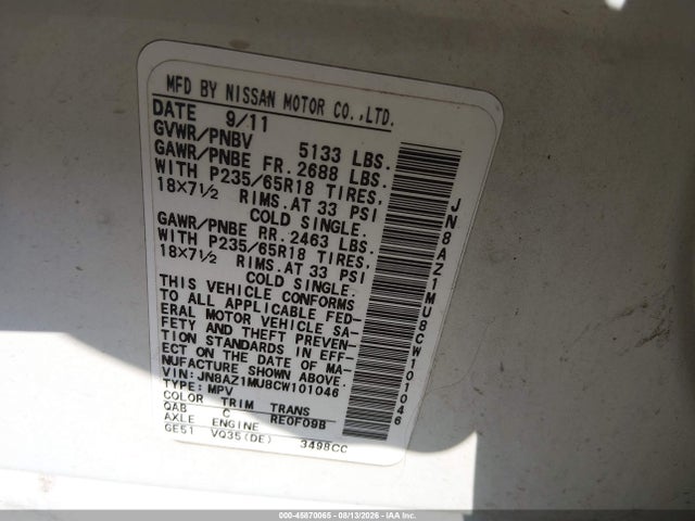 45870065 :رقم المزاد ، JN8AZ1MU8CW101046 vin ، 2012 Nissan Murano Sl مزاد بيع