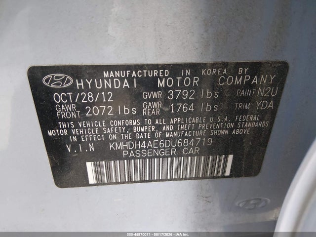 Продаж на аукціоні авто 2013 Hyundai Elantra Gls, vin: KMHDH4AE6DU684719, номер лоту: 45870071