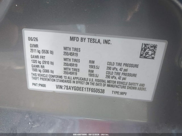 Aukcja sprzedaży 2026 Tesla Model Y All-wheel Drive/long Range Launch Series/premium All-wheel Drive, vin: 7SAYGDEE1TF650538, numer aukcji: 45870095