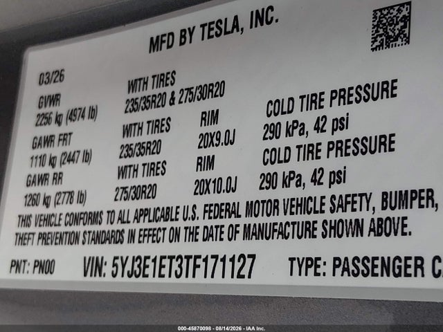 2026 Tesla Model 3 Performance All-wheel Drive მანქანა იყიდება აუქციონზე, vin: 5YJ3E1ET3TF171127, აუქციონის ნომერი: 45870098