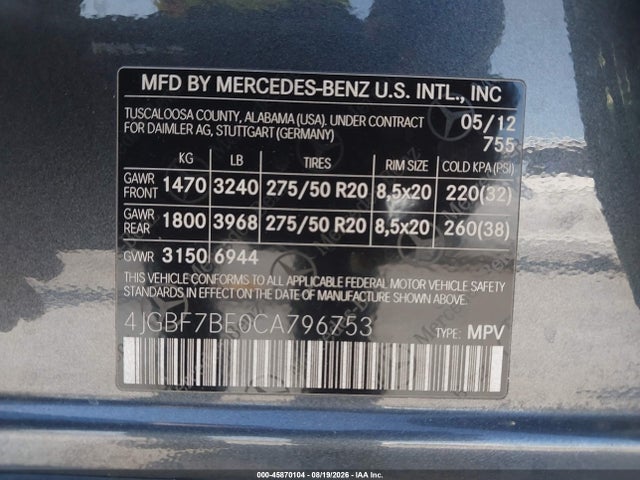 2012 Mercedes-benz Gl 450 4matic მანქანა იყიდება აუქციონზე, vin: 4JGBF7BE0CA796753, აუქციონის ნომერი: 45870104