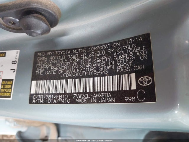 Toyota Prius Two 2015 JTDKN3DU1F1895543 Image 9