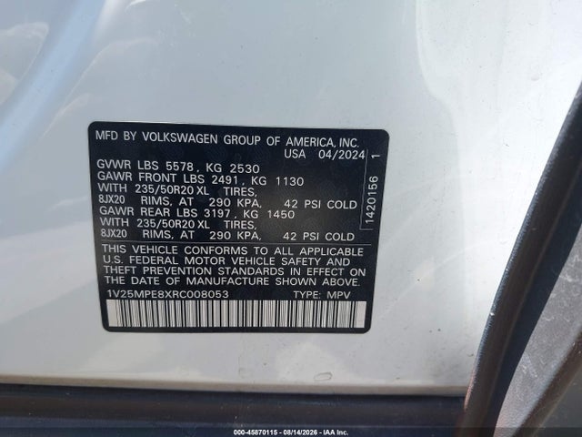 Продажа на аукционе авто 2024 Volkswagen Id.4 S, vin: 1V25MPE8XRC008053, номер лота: 45870115