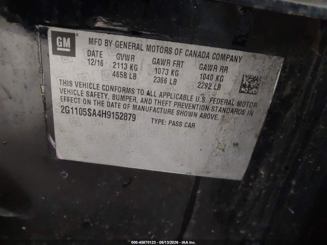 45870123 :رقم المزاد ، 2G1105SA4H9152879 vin ، 2017 Chevrolet Impala 1lt مزاد بيع