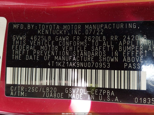 Продажа на аукционе авто 2022 Toyota Camry Xse V6, vin: 4T1KZ1AK9NU070953, номер лота: 45870134