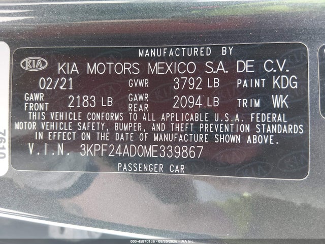 Продажа на аукционе авто 2021 Kia Forte Lxs, vin: 3KPF24AD0ME339867, номер лота: 45870136