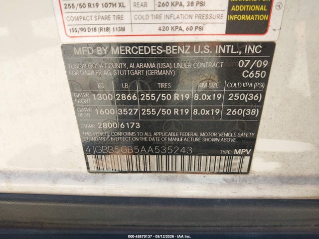 2010 Mercedes-benz Ml 350 მანქანა იყიდება აუქციონზე, vin: 4JGBB5GB5AA535243, აუქციონის ნომერი: 45870137