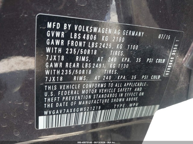 Продажа на аукционе авто 2016 Volkswagen Tiguan Se, vin: WVGAV7AX6GW521219, номер лота: 45870146