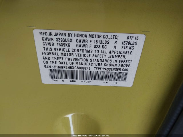 JHMGK5H5XGS009243 Honda FIT LX