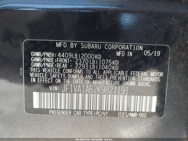 Subaru WRX 2019 JF1VA1A62K9827191 Image 9
