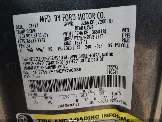 1FTFW1ET9EFC96089 Ford F-150 Fx4/king Ranch/lariat/limited/platinum/xl/xlt