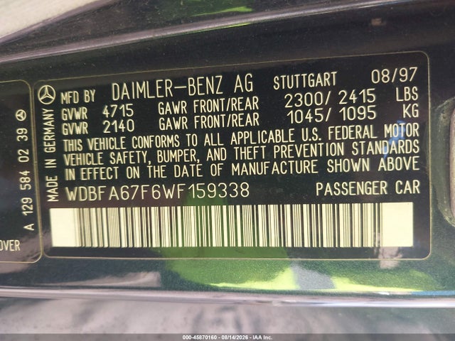 45870160 :رقم المزاد ، WDBFA67F6WF159338 vin ، 1998 Mercedes-benz Sl 500 مزاد بيع