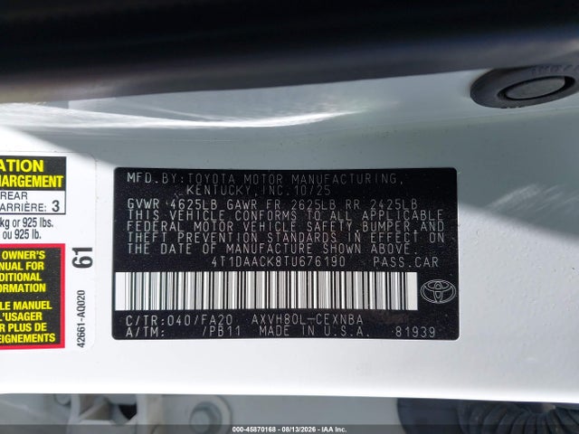 Продаж на аукціоні авто 2026 Toyota Camry Le, vin: 4T1DAACK8TU676190, номер лоту: 45870168