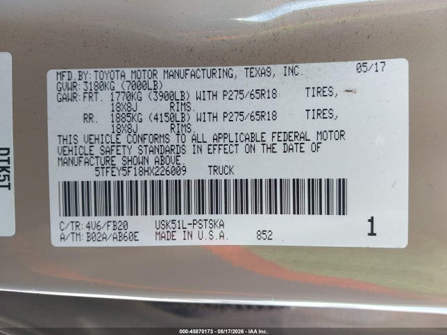 5TFEY5F18HX226009 Toyota Tundra Sr5 5.7l V8