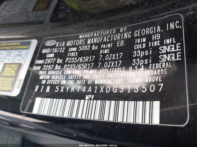 45870176 :رقم المزاد ، 5XYKT4A1XDG313507 vin ، 2013 Kia Sorento Lx مزاد بيع