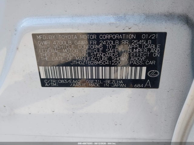 2021 Lexus Is 350 F Sport მანქანა იყიდება აუქციონზე, vin: JTHGZ1B28M5041220, აუქციონის ნომერი: 45870203