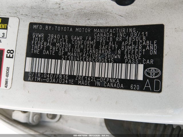 2011 Toyota Corolla Le მანქანა იყიდება აუქციონზე, vin: 2T1BU4EE8BC690615, აუქციონის ნომერი: 45870204