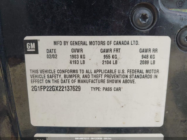 Продаж на аукціоні авто 2002 Chevrolet Camaro Police Pkg Police Pkg B4c, vin: 2G1FP22GX22137629, номер лоту: 45870213