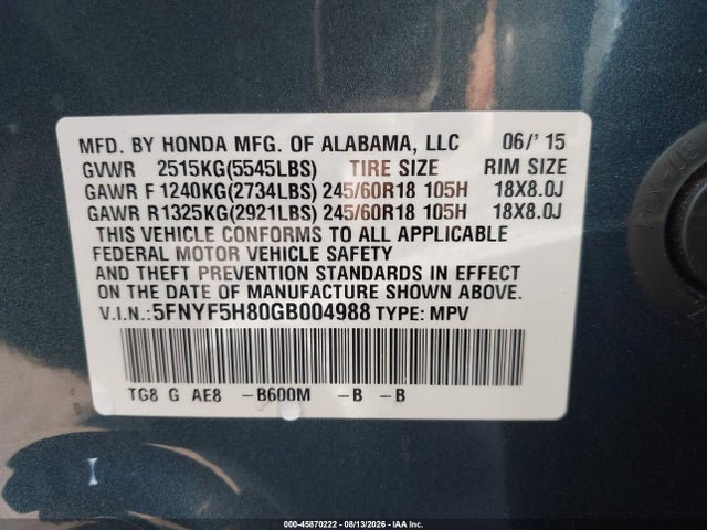 Honda Pilot Ex-l 2016 5FNYF5H80GB004988 Image 9