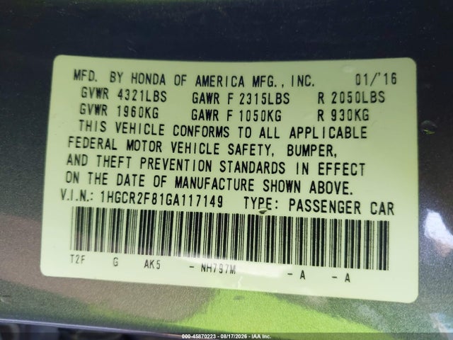 1HGCR2F81GA117149 Honda Accord Ex-l