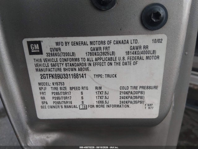 Продаж на аукціоні авто 2003 Gmc Sierra 1500 Denali, vin: 2GTFK69U331168141, номер лоту: 45870229