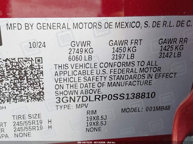 Продаж на аукціоні авто 2025 Chevrolet Equinox Ev Lt, vin: 3GN7DLRP0SS138810, номер лоту: 45870239