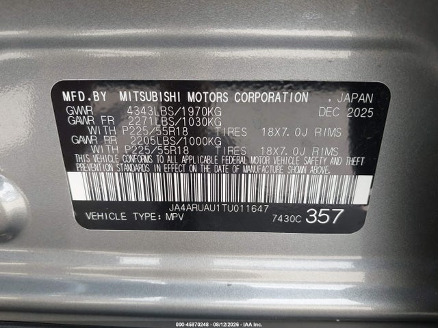 Продаж на аукціоні авто 2026 Mitsubishi Outlander Sport 2.0 Es/2.0 Le/2.0 Ralliart/2.0 S/2.0 Se/2.0 Trail Edition, vin: JA4ARUAU1TU011647, номер лоту: 45870248