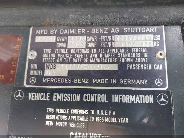 1985 Mercedes-benz 380 Sl მანქანა იყიდება აუქციონზე, vin: WDBBA45C9FA022144, აუქციონის ნომერი: 45870257