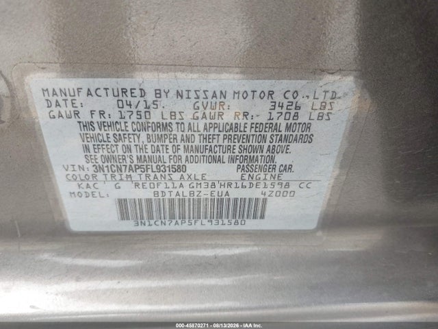 Продаж на аукціоні авто 2015 Nissan Versa 1.6 Sv, vin: 3N1CN7AP5FL931580, номер лоту: 45870271