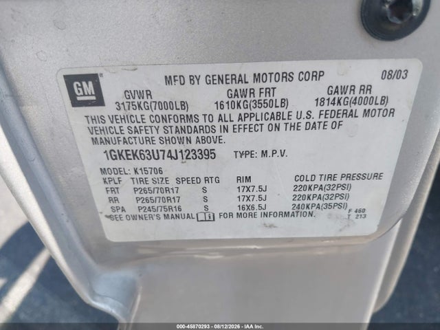 45870293 :رقم المزاد ، 1GKEK63U74J123395 vin ، 2004 Gmc Yukon Denali مزاد بيع