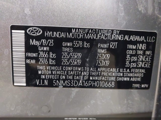 2023 Hyundai Santa Fe Hybrid Sel Premium მანქანა იყიდება აუქციონზე, vin: 5NMS3DA16PH010668, აუქციონის ნომერი: 45870298