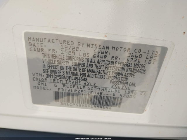 Продаж на аукціоні авто 2023 Nissan Kicks S Xtronic Cvt, vin: 3N1CP5BV0PL494648, номер лоту: 45870308