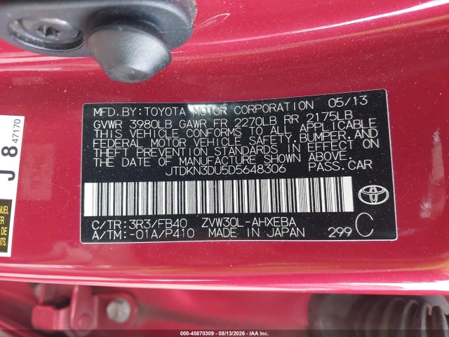 Продажа на аукционе авто 2013 Toyota Prius Three, vin: JTDKN3DU5D5648306, номер лота: 45870309