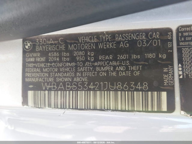 Aukcja sprzedaży 2001 Bmw 330ci, vin: WBABS53421JU86348, numer aukcji: 45870311