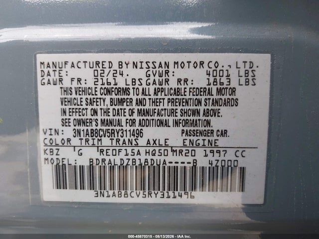 Продаж на аукціоні авто 2024 Nissan Sentra Sv Xtronic Cvt, vin: 3N1AB8CV5RY311496, номер лоту: 45870315