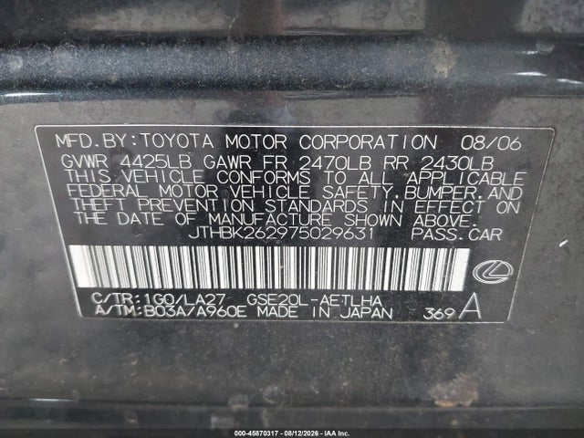 Auction sale of the 2007 Lexus Is 250, vin: JTHBK262975029631, lot number: 45870317