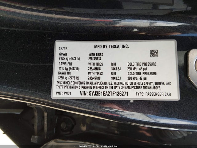Продаж на аукціоні авто 2026 Tesla Model 3, vin: 5YJ3E1EA2TF136271, номер лоту: 45870323